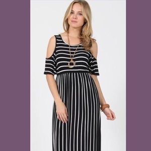 Cold-shoulder black and white striped maxi dress